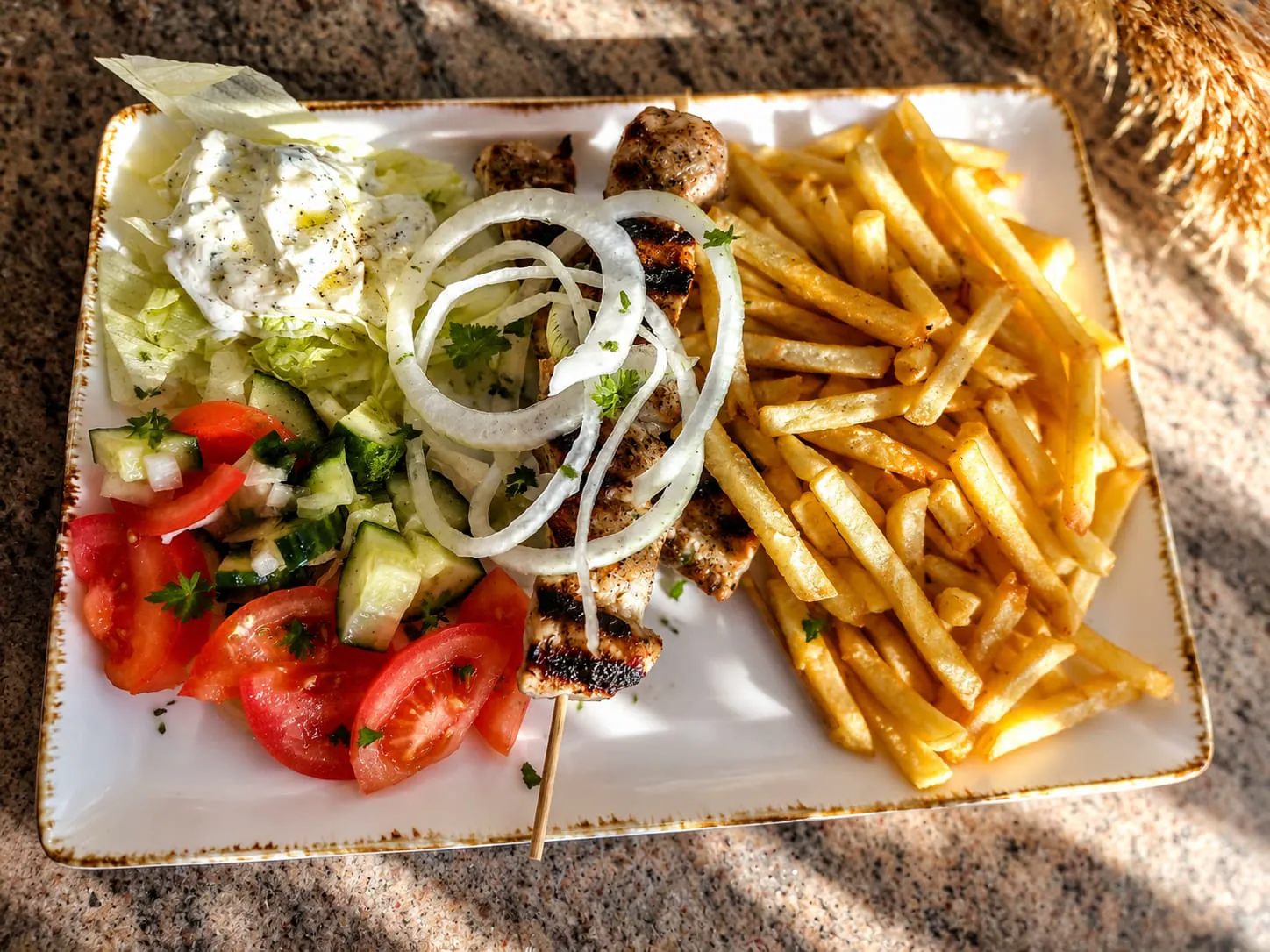 Souvlaki-Spieß mit Pommes, Salat, Zwiebelringen und Zaziki